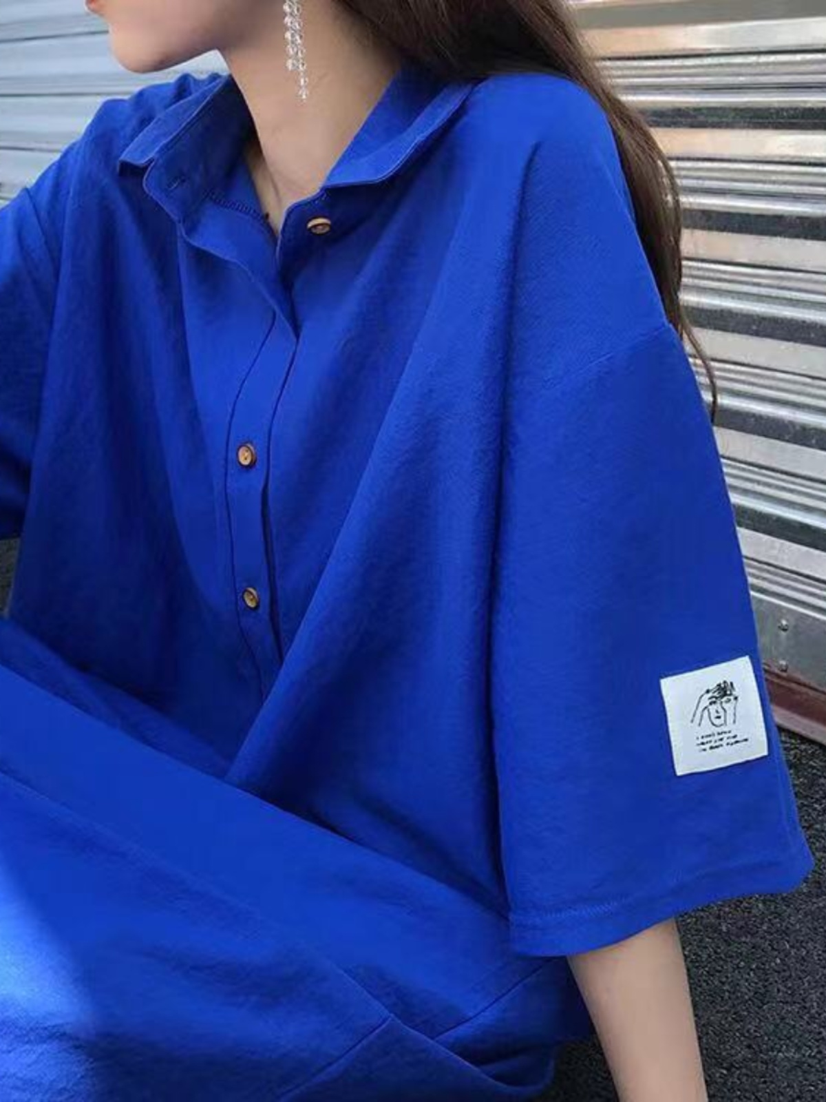 Korean Style A Line Shirt Dress - Plus-Size-Hemdkleid, schlankmachend, bauchbedeckend, mittellang, blau, kurzärmelig,