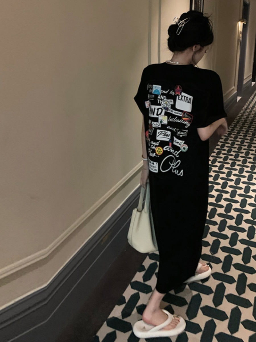 Korean Style A Line Shirt Dress - Schwarzes T-Shirt-Kleid mit kurzen Ärmeln für