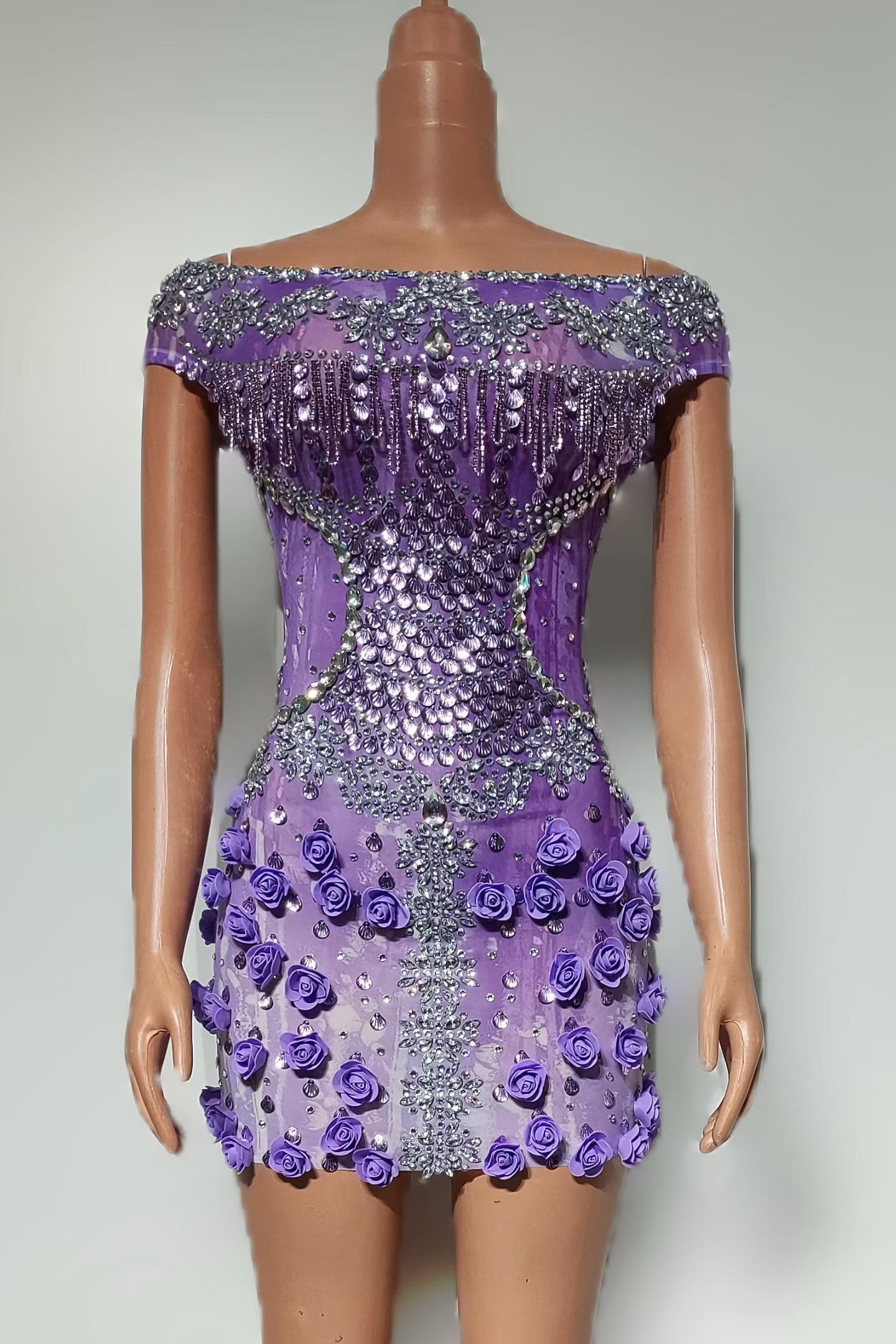 Sparkly Rhinestone Club Party Dress - Funkelndes Lila Strass 3D-Rosen Schulterfreies Mini-Kleid